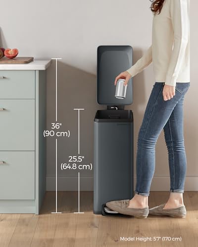 SONGMICS Slim Trash Can, 13-Gallon (50 L) Garbage Can for Narrow Spaces with Soft-Close Lid, Inner Bucket, and Step-on Pedal, Stainless Steel, 15 Trash Bags Included, Charcoal Gray ULTB510G01 - color: Charcoal Gray, style: 13 Gal.