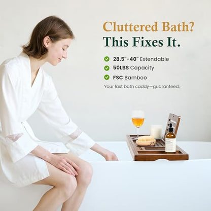 Bamboo Bathtub Tray, Brown Bath Caddy | Wine Glass Holder, Phone Dock, Book Stand, Hands Free Reading, Spa Relax Bath Accessory - color: Modern Brown Bamboo