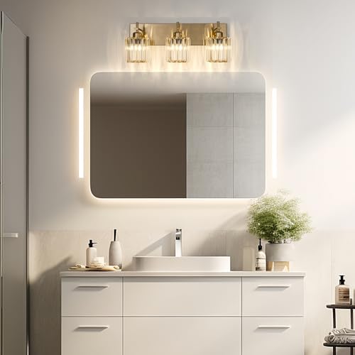 Modern Crystal Bathroom Vanity Lights, Gold 3-Lights Bathroom Light Fixtures Over Mirror, Crystal Wall Lighting with Polished Brass Finish - color: Gold-Round Shade, size: 3-Light