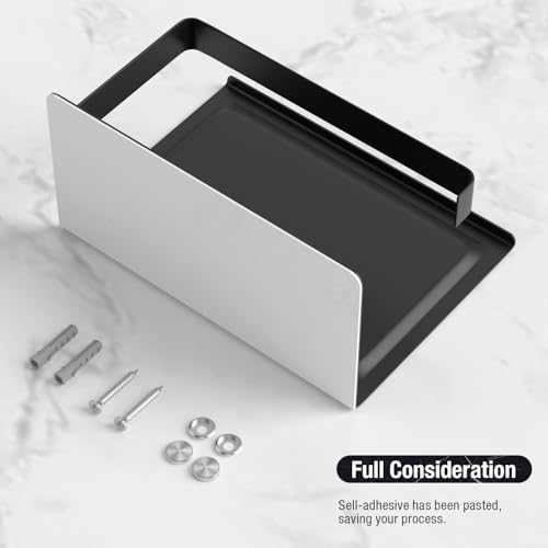 HITSLAM Toilet Paper Holder with Phone Shelf Matte Black, Adhesive or Screw Wall Mount Toilet Paper Roll Holder, Rustproof Stainless Steel Toilet Tissue Holder for Bathroom, Kitchen - color: Black