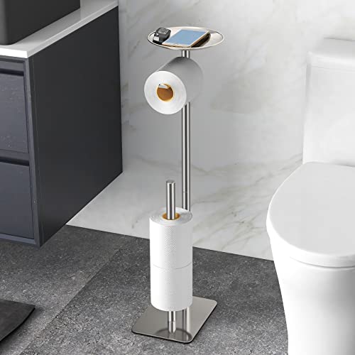 FEILERN Toilet Paper Holder Stand for Bathroom Floor Standing Toilet Roll Dispenser Storages 4 Reserve Rolls, with Top Storage Shelf for Cell Phones, Wipe, Wallet and More(Brush Nickel) - color: Brush Nickel