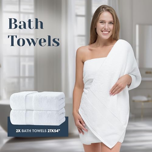 Luxury White Bath Towel Set of 8 Pieces - 100% Turkish Cotton 700 GSM Highly Absorbent Towels for Bathroom, 2 Bath Towels, 2 Hand Towels, 4 Washcloths - color: 01: White