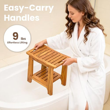 NNN 18" Standard Teak Shower Bench with Japan-Made Non-Slip Leveling Feet | US Patented Design, Marine-Grade Hardware, Pre-Oiled European Teak Oil, Ready, 300lb, for Standard Tubs Showers & Outdoor Use - size: 18"W x 12" Dx 18"H