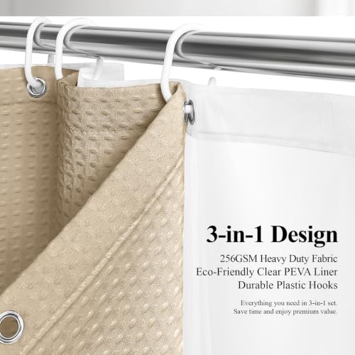 Stall 3 in 1 Waffle Shower Curtain Set with Liner 36 x 72 Beige | Narrow Half Size, Waterproof Clear PEVA Liner, 256GSM Heavy Duty Fabric, Hotel Luxury Shower Curtains for Bathroom, 6 Hooks - color: Beige, size: 36"W x 72"L (Pack of 1)