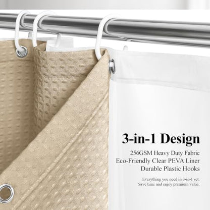 Stall 3 in 1 Waffle Shower Curtain Set with Liner 36 x 72 Beige | Narrow Half Size, Waterproof Clear PEVA Liner, 256GSM Heavy Duty Fabric, Hotel Luxury Shower Curtains for Bathroom, 6 Hooks - color: Beige, size: 36"W x 72"L (Pack of 1)