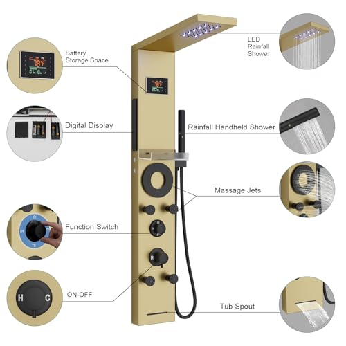 Hoimpro Brushed Gold LED Shower Panel Tower System,2 In 1Function Shower Panel Light Rainfall Waterfall Shower Rain Massage System with Body Jets Handheld Shower Sprayer, Stainless Steel, Wall Mount - color: Gold