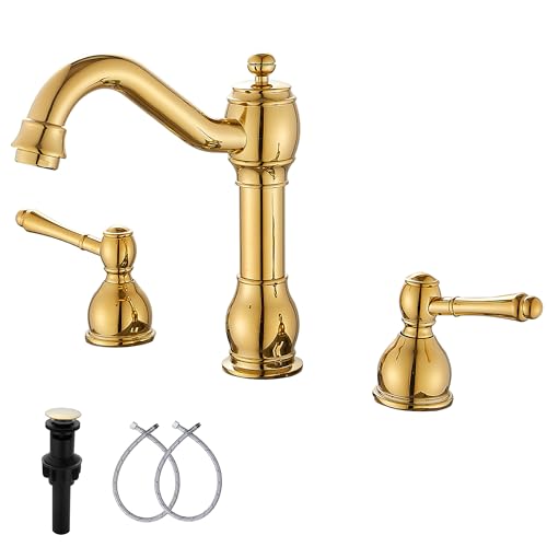 2 Handles 3 Holes Faucet Widespread Bathroom Sink Faucet Basin Tap Mixer Supply Hose Included Matching Pop Up Drain Polished Gold - color: Polished Gold, size: Widespread