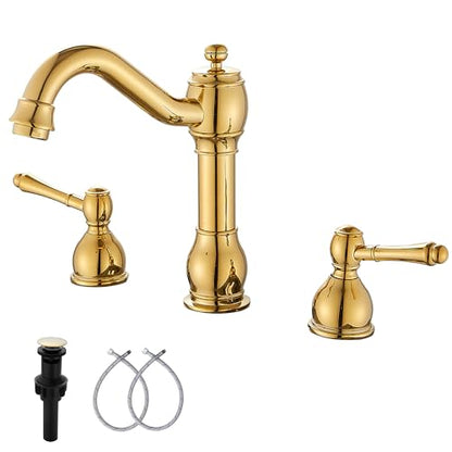 2 Handles 3 Holes Faucet Widespread Bathroom Sink Faucet Basin Tap Mixer Supply Hose Included Matching Pop Up Drain Polished Gold - color: Polished Gold, size: Widespread