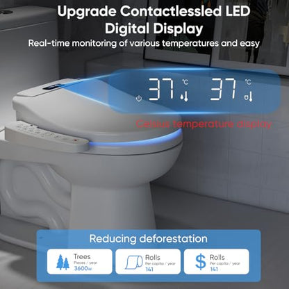 Electric Bidet Attachment for Toilet Seat with Heated Seat Oval Toilet Seat Replacement Soft Close with Bidet Jet Sprayer, Endless Warm Water Air Dryer, Oscillating with Child Mode, Sense Seat