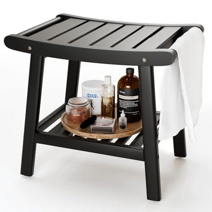 Bamboo Shower Stool Bench,Shower Chair for Inside Shower with Storage Shelf | Black,Large Storage,Ergonomic Curved Design,A-Shaped Stable Construction,Non-Slip Rubber Feet,Hold 300lbs - color: Black