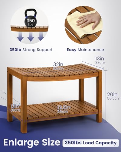 Upolana Teak Shower Bench, 32" Solid Wood Shower Stool for Inside Shower to Sit On, Wooden Bathroom Shower Seat Waterproof
