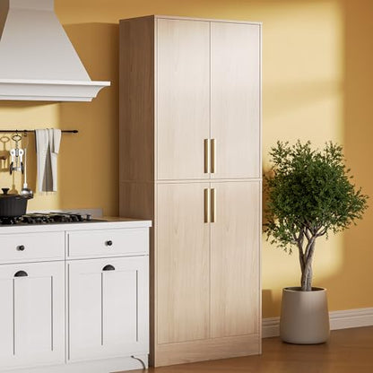 Housoul 71" Tall Pantry Cabinet with 4 Doors, Kitchen Pantry Storage Cabinet, Freestanding Larder Cupboard, Utility Kitchen Hutch with Gold Handles for Dining Room, Bathroom, Oak - color: Oak