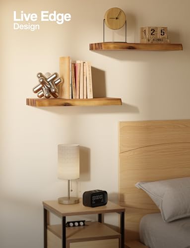 BATODA 17” Acacia Live Edge Floating Shelves, Wooden Floating Shelves for Wall - Set of 2 Floating Book Shelves, Book Shelf for Wall, Bathroom, Kitchen - Mounted Shelf, House Decor with Hardware | Acacia Wood, Live Edge Design, Concealed Brackets, 100 Lb