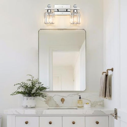 2-Light Silvery Bathroom Vanity Light Fixtures, Brushed Silvery | Modern, Clear Crystal Glass Shade, Bath Wall Mount, For Bedroom Living Room - color: silvery, size: Linear-2-Light