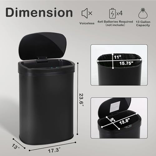Kitchen Trash Can, 13 Gallon Automatic Can with Lid and Motion Sensor Home Office Bedroom Bathroom Living Room, Garbage Touchless Stainless Steel BLACK, 17.3 x 13 x 23.6 - color: BLACK