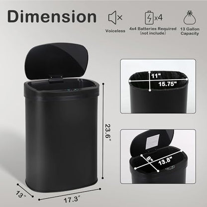 Kitchen Trash Can, 13 Gallon Automatic Can with Lid and Motion Sensor Home Office Bedroom Bathroom Living Room, Garbage Touchless Stainless Steel BLACK, 17.3 x 13 x 23.6 - color: BLACK