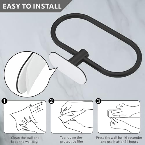 Towel Bar/Bath Towel Ring, Self Adhesive Hand Towel Ring for Bathroom, Stainless Steel Sticky Hand Towel Holder, No Drilling Modern Round Towel Hanger Wall Mounted (Black) - color: Black