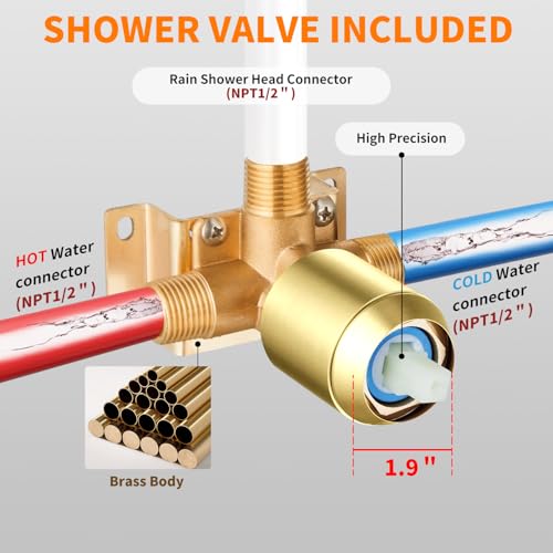 Brushed Gold Shower Faucet Single Function Trim Kit with Rough-in Valve Set Bath Rainfall Shower System 8inch Square Stainless Steel Metal Shower Head - color: Brushed Gold
