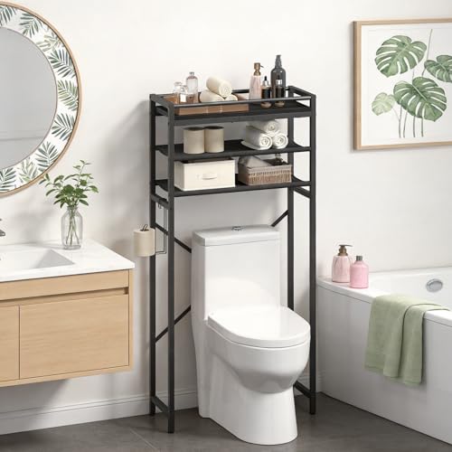 MAHANCRIS Over Toilet Storage, 3-Tier Bathroom Organizer Shelf with Toilet Paper Holder, Freestanding Space Saver Bathroom Shelves Above Toilet for Bathroom, Laundry Room, Black TSBK1201 - color: Black