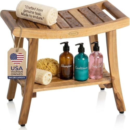 EcoDecors Harmony Natural 30" Teak Shower Bench with LiftAide Arms | Made from solid Indonesian teak with natural water resistance and supports up to 300 lb for lasting durability - color: Natural, size: 30" with extended height shelf