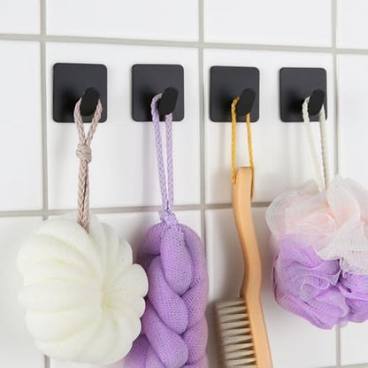 Black Adhesive Towel Hooks 2" Heavy Duty Sticky Hanger Bathroom Wall Mount | No Drilling for Hanging Towel Coat Robe Hat, Stainless Steel Hook for Shower Kitchen RV, No Tool, Waterproof Rustproof 4 Pack - color: Sq- Black