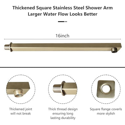 Rain Shower Head Brushed Gold with Extension Arm 16 Inch Square Shower Head with 16 Inch Shower Arm Large Stainless Steel Rainfall Showerhead Waterfall Full Body Coverage - color: Brushed Gold, size: 16inch