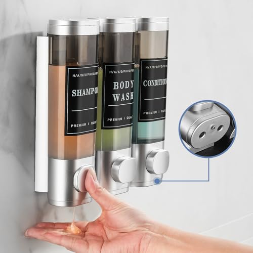Shampoo and Conditioner Dispenser, Shower Soap Dispenser Wall Mounted, Shampoo Dispenser for Shower Wall No Drill, Bathroom Body Wash Dispenser 3 * 350ml Silver 3 Chamber - color: Silver 3-1