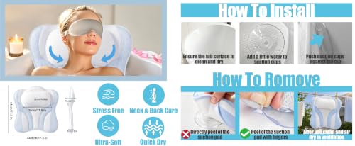 Bath Bathtub Pillow Spa Pillows for Tub 5D Mesh Suction Cups Head Neck Back Support Relaxing Bathing Lovers Gifts.(Blue White)
