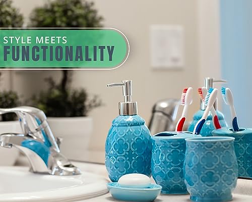 Comfify 4-Piece Bathroom Accessory Set - Ceramic Bath Set with Blue Glossy Finish - Modern Vanity Accessories Including Soap Dish, Tumbler, and Toothbrush Holder | Blue; 4-piece ceramic; Moroccan trellis embossed; dispenser, toothbrush holder, tumbler, so