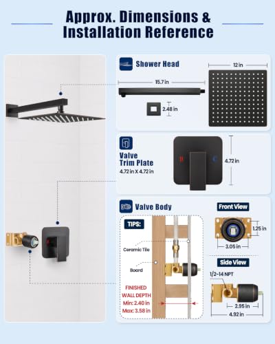 Heyalan 12 Inch Square Rain Shower Faucet Set with Valve, Oil Rubbed Bronze | Female-thread 1/2-inch NPT connections, SUS304 shower head, brass rough-in valve, single-handle control Shower Set - color: Bronze, size: 12 Inch Square Shower Head