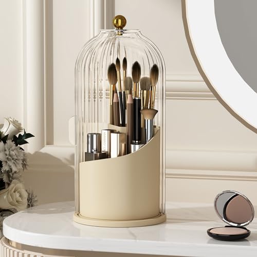 YOOLENS Makeup Brush Holder with Lid 360 Rotating Clear Dustproof Make Up Organizers for Vanity Bathroom Countertop, White Beige - color: White/Beige