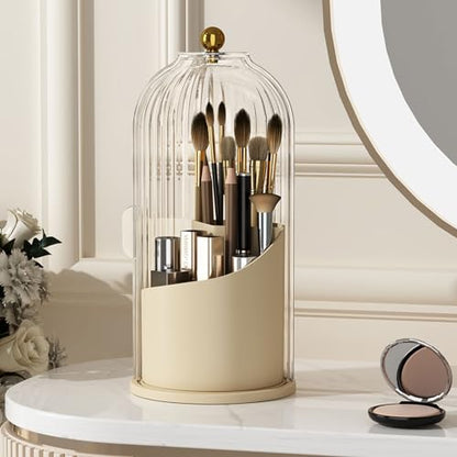 YOOLENS Makeup Brush Holder with Lid 360 Rotating Clear Dustproof Make Up Organizers for Vanity Bathroom Countertop, White Beige - color: White/Beige
