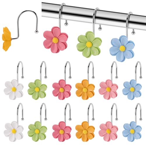 Flower Shower Curtain Hooks, 12 Pack Rustproof Stainless Steel Decorative, Bohemian Floral Bathroom Accessories for Curtain Rod and Shower Rod（Pastel Five Petal） - color: Pastel Five Petal