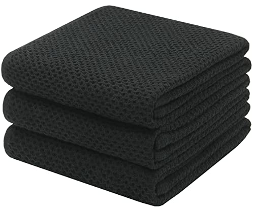 Mia'sDream Black Hand Towels, 13”x28”, 3 Pack, Cotton Bath Towels Set | Soft and Absorbent, Waffle Weave, Multi-Purpose Hand Towels for Bathroom,Kitchen,Gym| Cotton Dish Towels For Kitchen Drying - color: Black, size: 13inch x 28inch