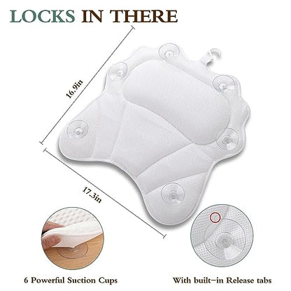 Bath Pillow RUVINCE Ergonomic Luxury Bathtub Pillow with Head,Neck, Shoulder and Back Support, 4D Bath Pillows for tub with 6 Powerful Suction Cups, Fits All Bathtub - color: White