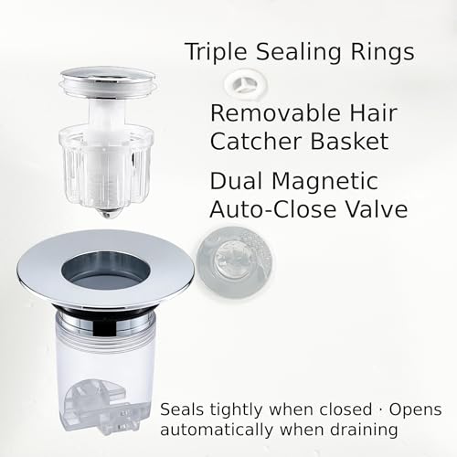 Magnetic Pop-Up Sink Drain Stopper, Universal Bathroom Drain Plug with Removable Hair Catcher, Odor-Proof & Insect-Proof, Fits 1.35–1.6 in Drain Openings (2)