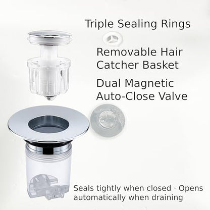 Magnetic Pop-Up Sink Drain Stopper, Universal Bathroom Drain Plug with Removable Hair Catcher, Odor-Proof & Insect-Proof, Fits 1.35–1.6 in Drain Openings (2)