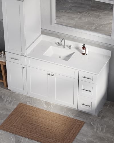 63" Bathroom Vanity with Linen Storage Tower and 4 Drawers, Carrara Quartz Top and Ceramic Sink, Left or Right Tower Option, Solid Wood Frame, 64" x 22" x 72" (White, Left Tall Cabinet) - color: White