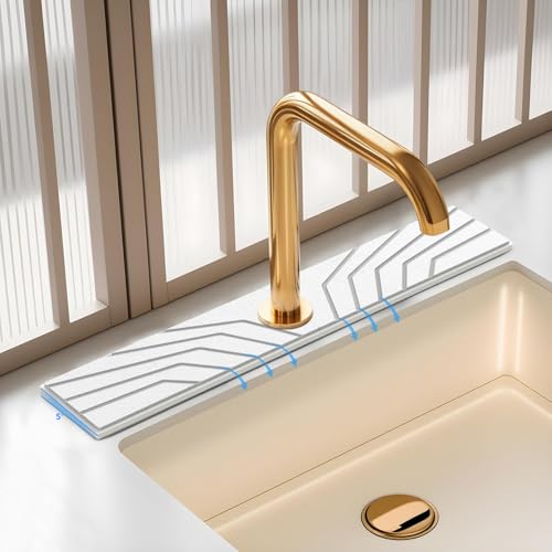 FEELSO Stone Faucet Mat for Kitchen Sink with Non-Slip Silicone Ring, Absorbent Diatomite Faucet Stone Drying Mat & Sink Splash Guard with 5° Slope Fast Draining, Sink Protector for Bathroom Counter