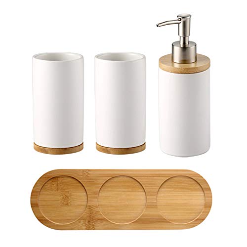 4-Piece White Ceramic Bathroom Accessories Set Includes Lotion Soap Dispenser Pump, Toothbrush Holder, Tumblers and Bamboo Tray, Modern Bathroom Accessories Set Complete - style: White