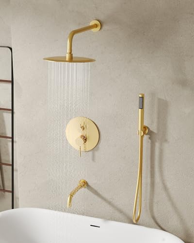 10" High-Pressure Rainfall Shower System with Handheld Spray, Wall Mount Bathroom Shower Faucet Set with Tub Spout, Brushed Gold (Valve Included) - color: Brushed Gold, style: With Tub Spout