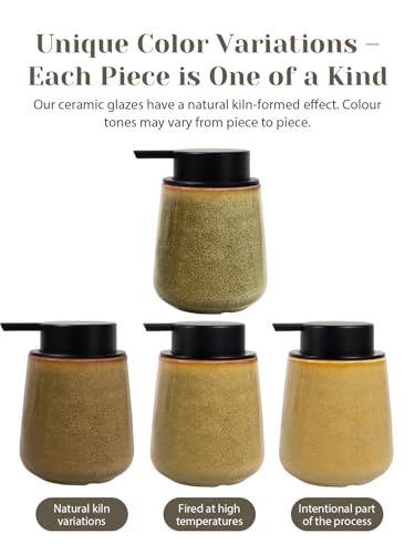 INGOFIN Ceramic Lotion Dispenser - 12 oz Refillable Hand Soap Dispenser Bathroom, Modern Liquid Soap Dispenser with Pump, Dish Dispenser for Kitchen,Kiln-Glazed Earthy Yellow-Brown - color: Yellow Brown