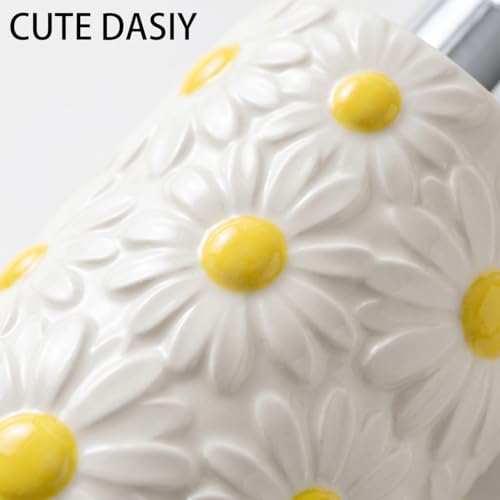 Flower Ceramic Soap Dispenser Cute Daisy Hand Soap Bottle 11.5 Oz | Floral Liquid Soap Dispenser with Pump, Refillable for Lotion, Shampoo, Body Wash, Bathroom Kitchen Vanity Countertop Decor