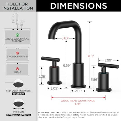 FORIOUS Bathroom Sink Faucet 3 Hole Widespread 8 Inch 2 Pack Matte Black | 6-12 inch Widespread Sink Faucet with 2 Handles, Pop Up Drain and Water Supply Supplies for Vanity Restroom RV Lavatory Sink - color: Matte Black x2PCS