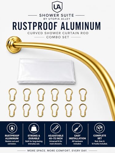 Shower Suite by Utopia Alley – Rustproof Aluminum Curved Shower Curtain Rod Combo Set with Liner & 12 Hooks, Adjustable 45–72 Inch Wall Mount Rod, Bright Gold Finish - color: Bright Gold
