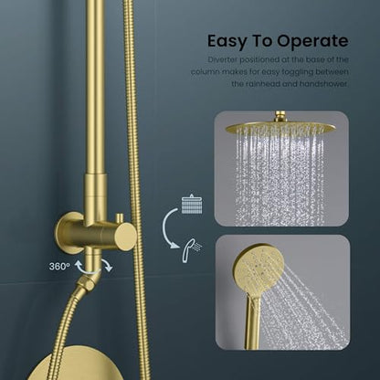 KIBI Circular Wall Mounted Rain Shower Column | 2-Function Shower Faucet System with Rough-In Valve | Solid Brass Construction for Reliable Water Flow and Temperature Control (Brushed Gold, KSC403) - color: Brushed Gold