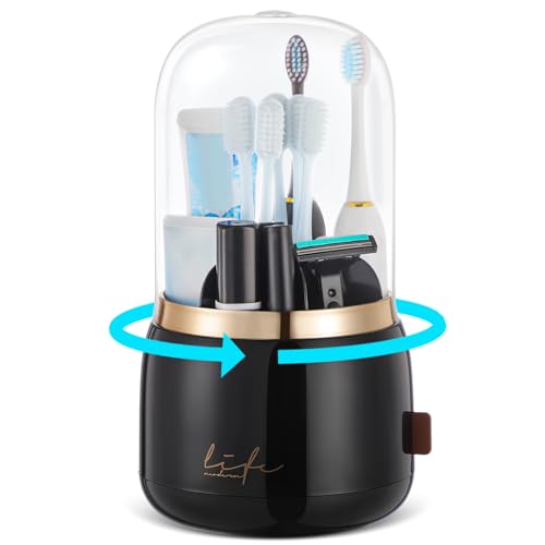 Toothbrush Holders, Toothbrush Holders for Bathrooms, Makeup Brush Holder | Toothbrush and Toothpaste Holder, Rotatable Toothbrush Holder with Transparent Dust Cover, Multi Drainage Vent Holes - color: Black