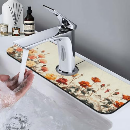 Diatomite Faucet Mat for Kitchen Sink & Bathroom Counter, Super Absorbent Water Sink Protectors Prevent Moisture Buildup, Sink Splash Guard 15×5.5 Inch - color: Flower1