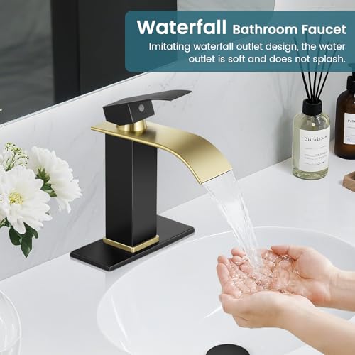 Bathroom Faucets Black and Gold Waterfall Bathroom Sink Faucet | with Pop-up Drain Supply Hoses and Deck,Single Handle Vanity Faucet,Stainless Steel,1 or 3 Hole,RV,Farmhouse Bathrooms - color: B-Black and Gold, style: Short