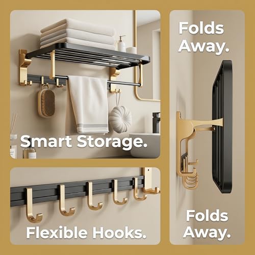 Towel Storage for Small Bathroom、 24 inch Towel Rack，Bath Towel Holder， Foldable Towel Rack with 7 Hooks, Bathroom and Toilet wall Mounted Towel Rack Made of Aviation Aluminum (Luxury Black Gold)